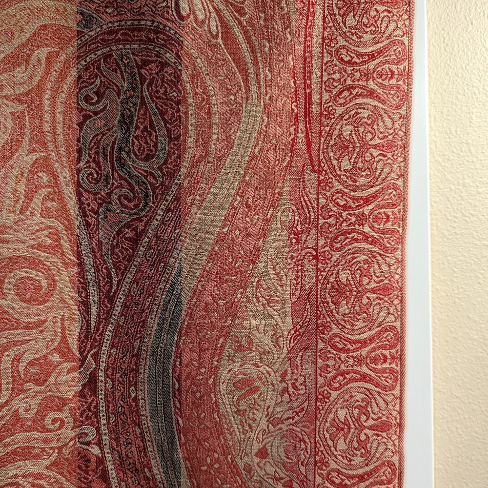 "Pashmina" Wrap - Red, Gold & Black Pattern w/border. Fringe edges. One size - Picture 4 of 11
